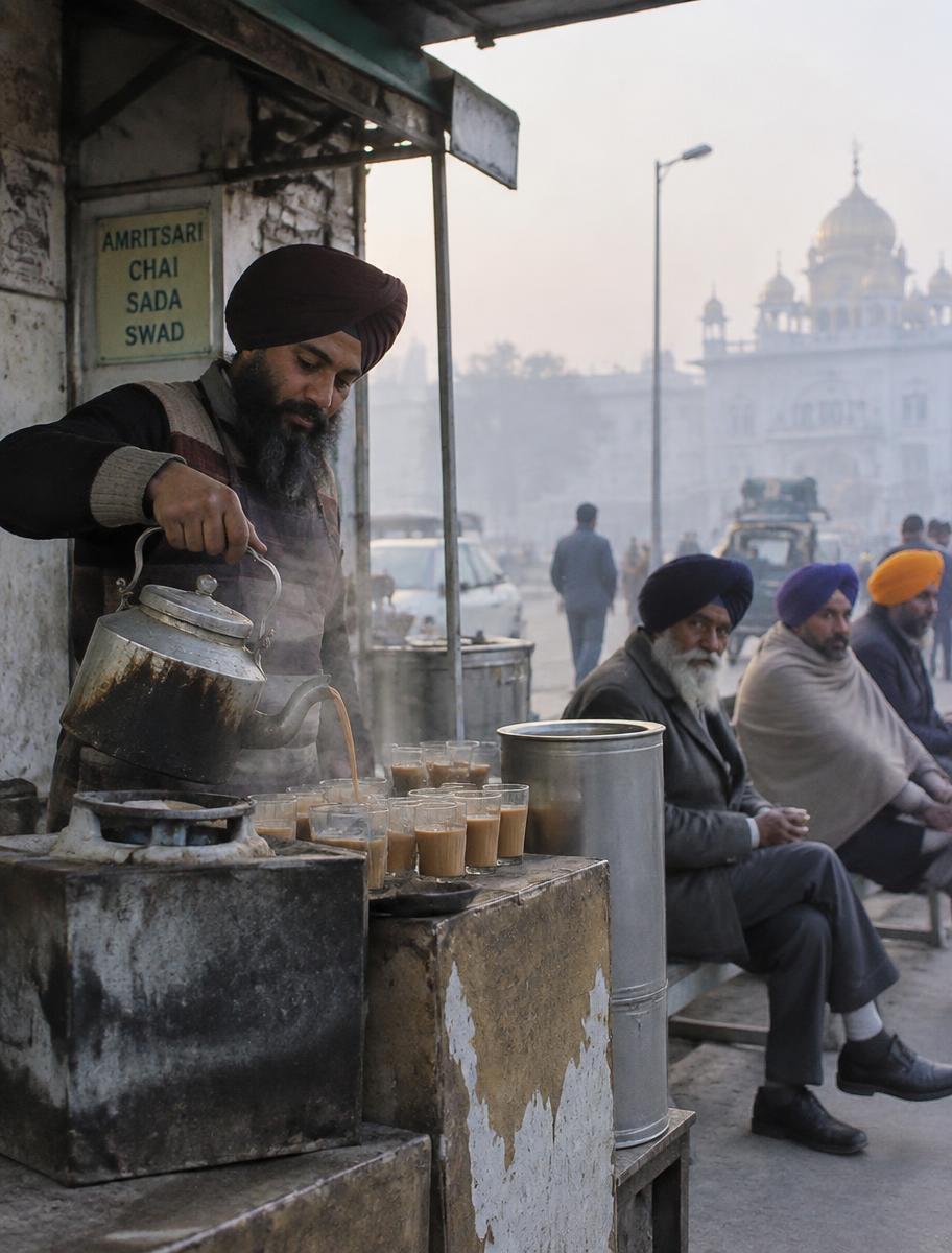 A chai seller pouring tea into glasses at a roadside stall on a misty morning