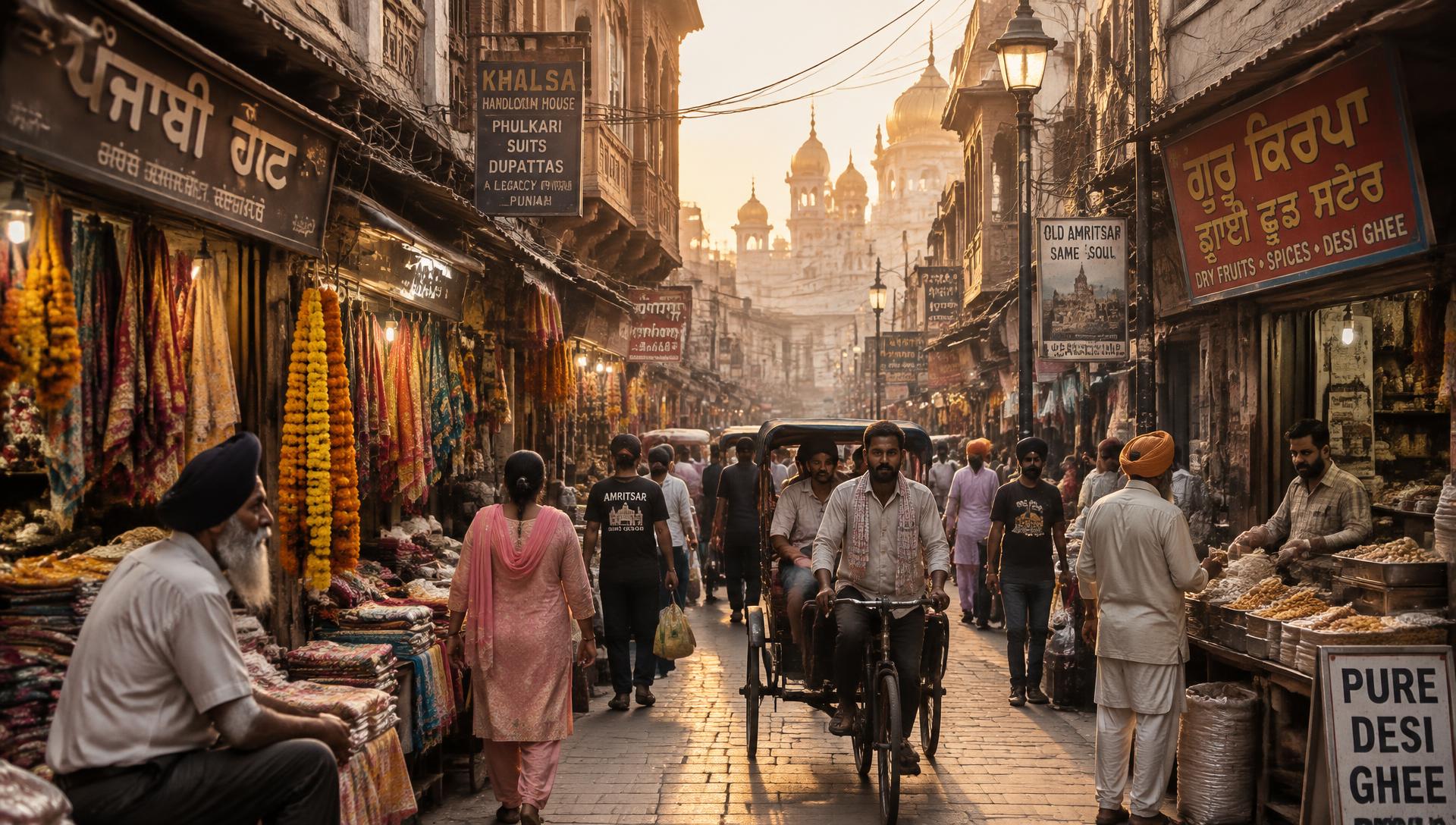 A busy bazaar lane in the old city of Amritsar at golden hour, with shopfronts, awnings and people walking